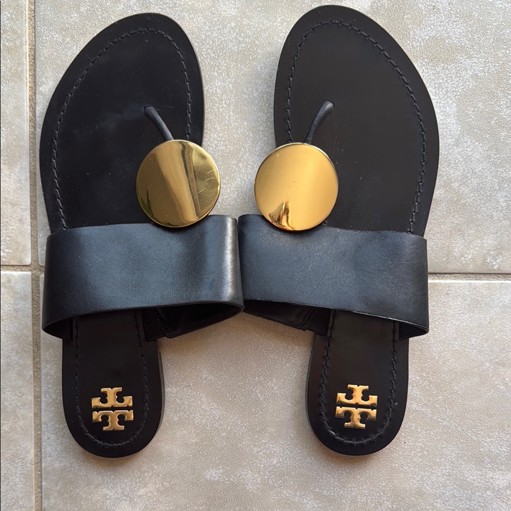 Tory Burch Black Leather Sandals with Gold Accents